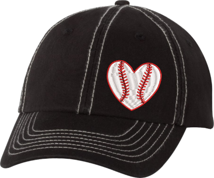 The Heart of Baseball Embroidered Black Stone Hat - Wholesale Packs of 4, 6 or 12