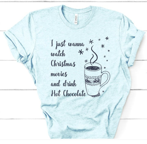 Christmas Movies and Hot Chocolate Heather Ice Blue Tee Wholesale Packs of 6 or 12
